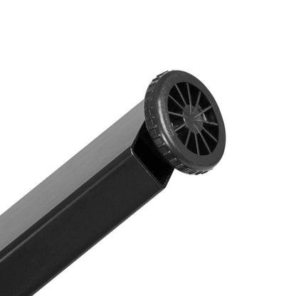 Adjustable black furniture leg with plastic glide base on white background
