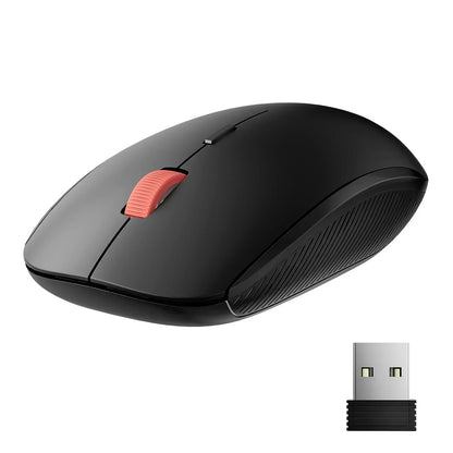 Wireless black gaming mouse with red scroll wheel and USB receiver on white background