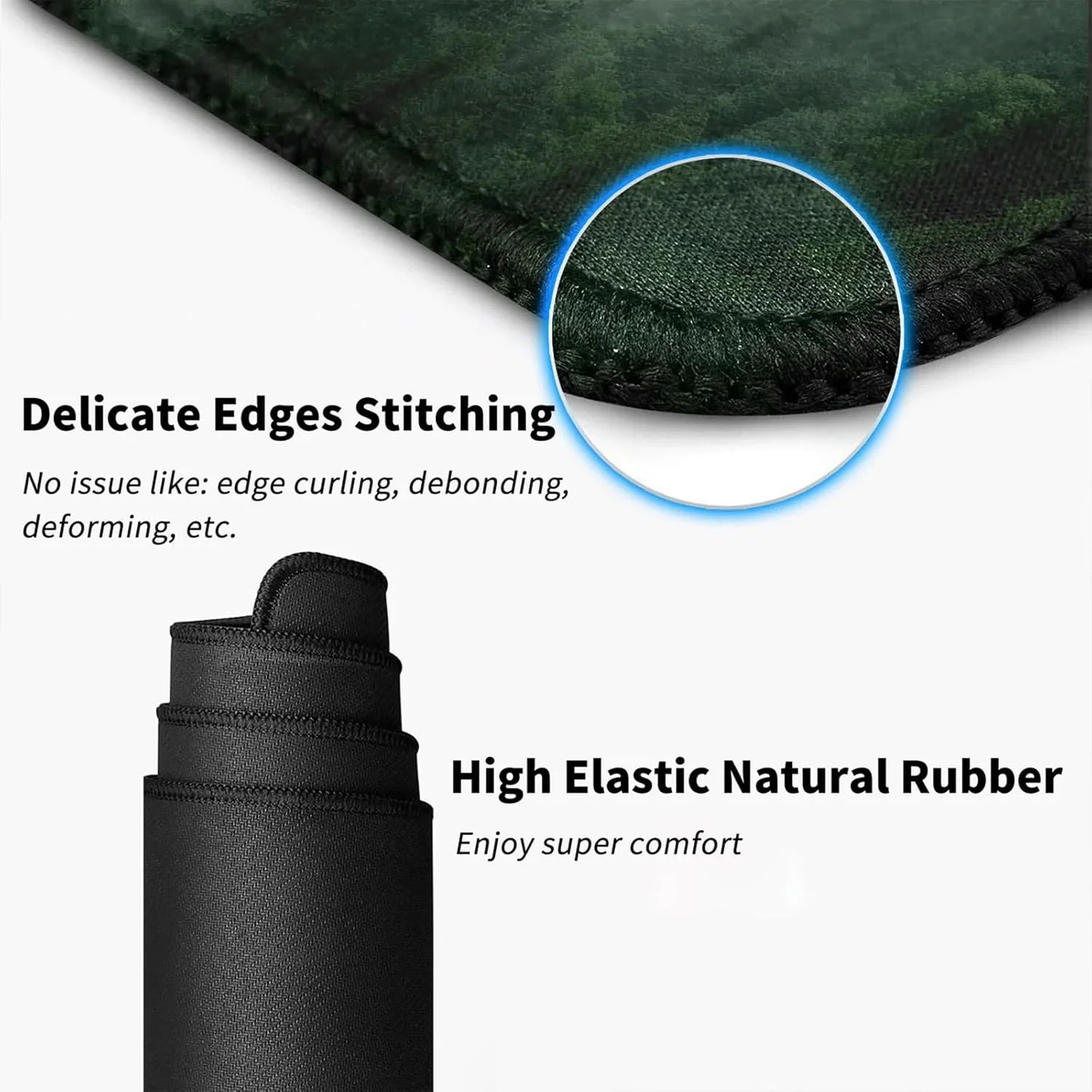 Close-up of black gaming mouse pad edge with delicate stitching and high elastic natural rubber for comfort