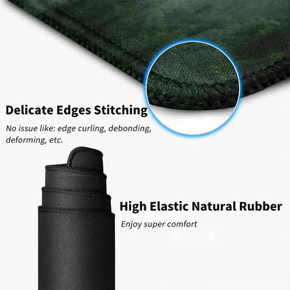 Close-up of black gaming mouse pad edge with delicate stitching and high elastic natural rubber for comfort