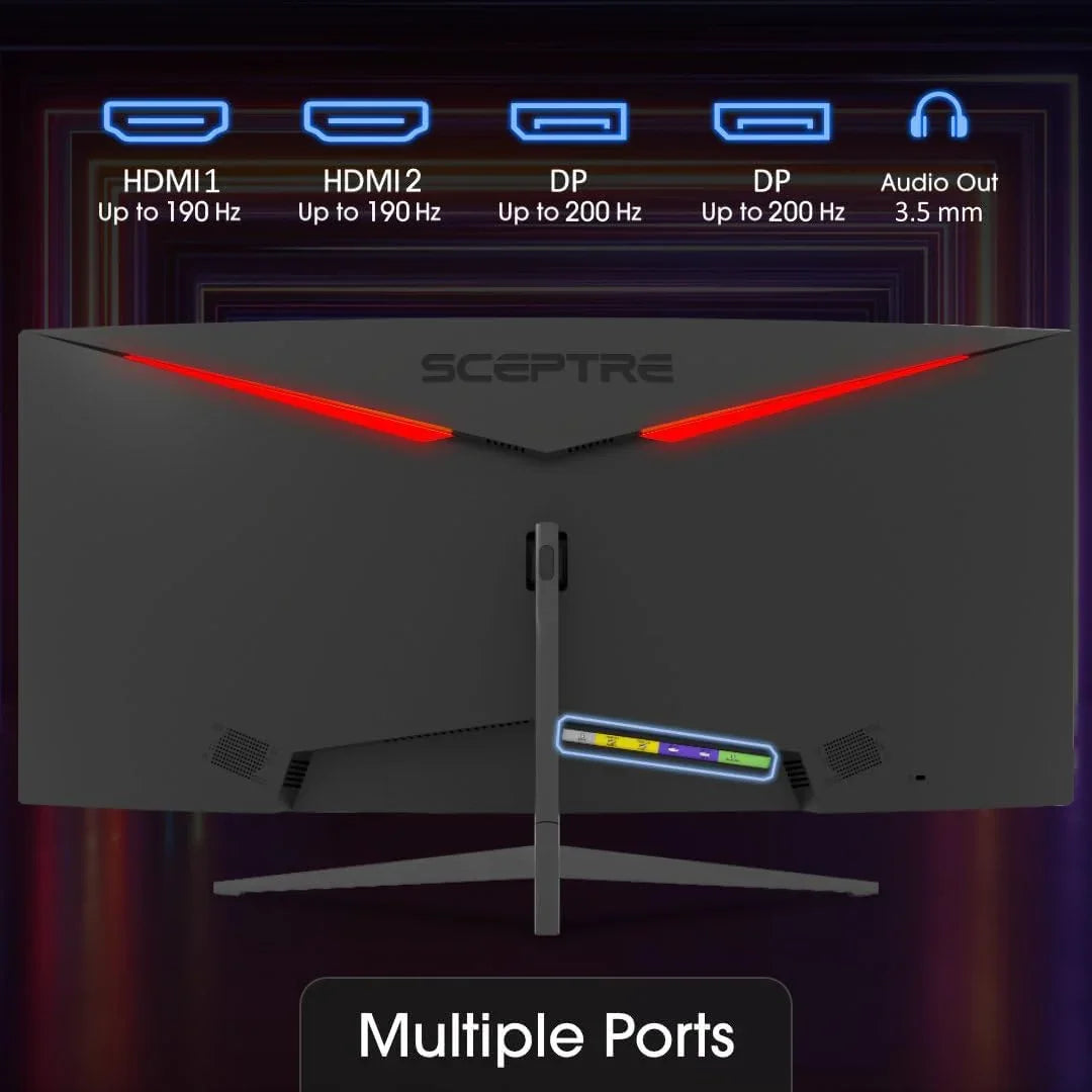 Sceptre curved gaming monitor rear view with red LED accents and multiple input ports HDMI and DP supporting up to 200Hz