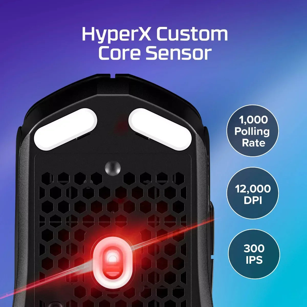 Bottom view of black HyperX gaming mouse with custom sensor, 1,000 Hz polling rate, 12,000 DPI, 300 IPS