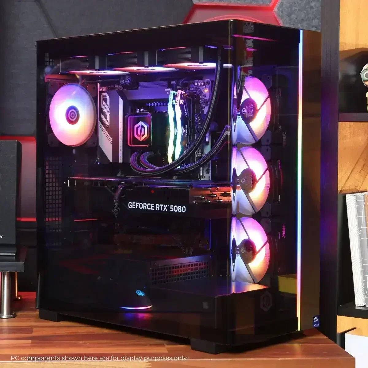 High-end gaming PC with GeForce RTX 5080 GPU, RGB cooling fans, and liquid cooling system in black case