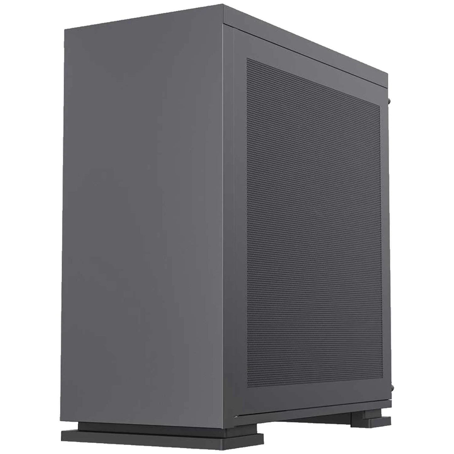 Gray sleek gaming PC tower case with perforated side panel for optimal ventilation