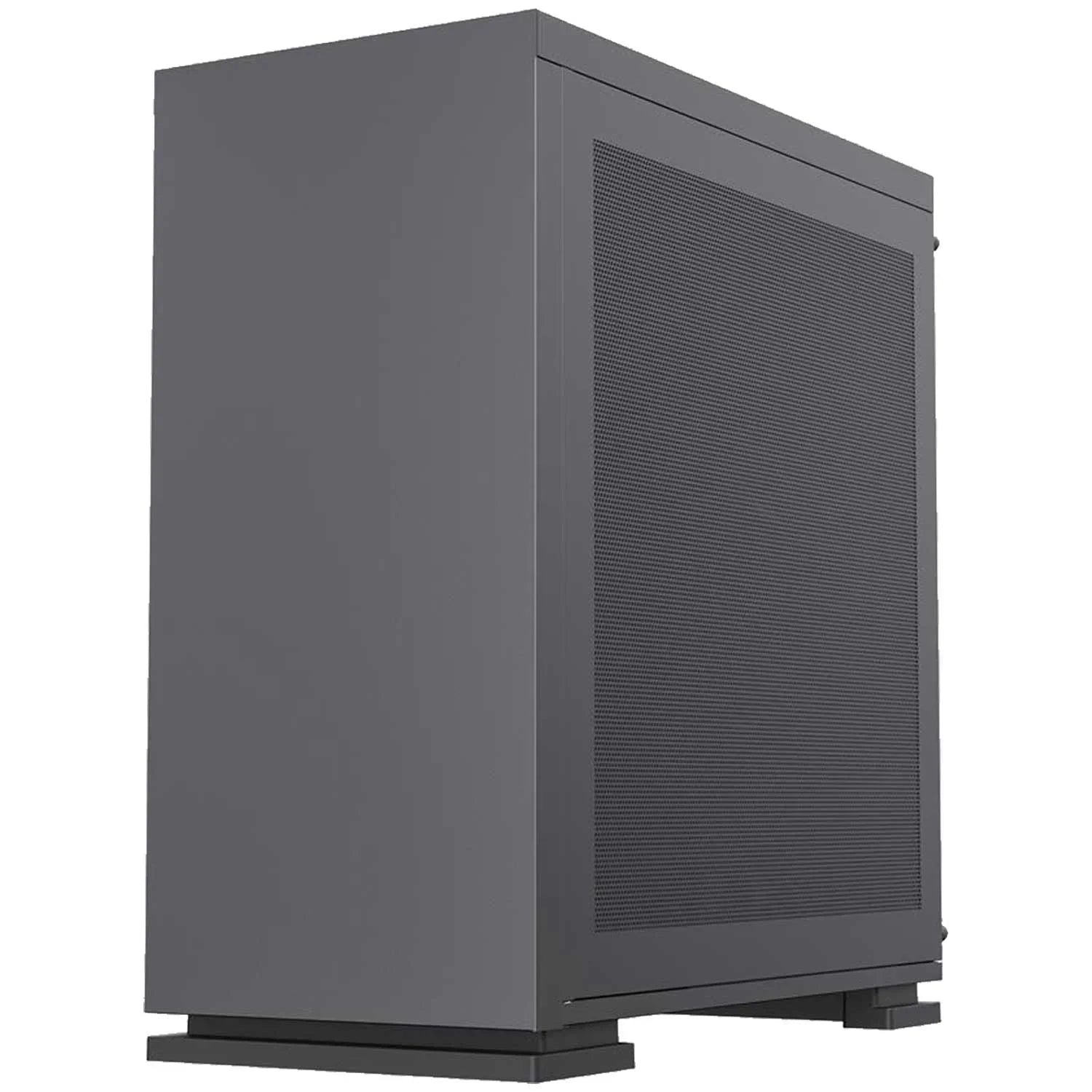 Gray sleek gaming PC tower case with perforated side panel for optimal ventilation