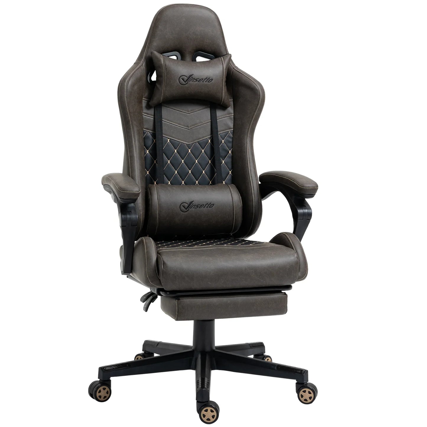 Gray and black leather-like ergonomic gaming chair with head and lumbar cushions on black caster wheels