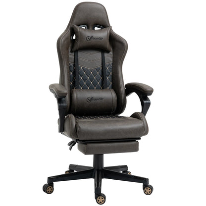 Gray and black leather-like ergonomic gaming chair with head and lumbar cushions on black caster wheels
