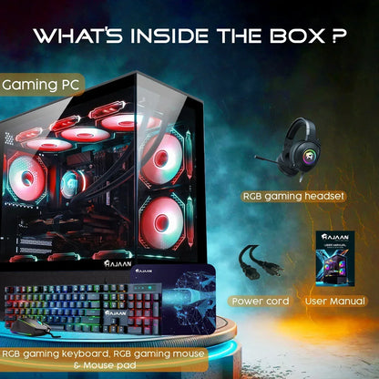 Gaming PC setup with RGB fans, RGB keyboard, mouse, mouse pad, gaming headset, power cord, and user manual.
