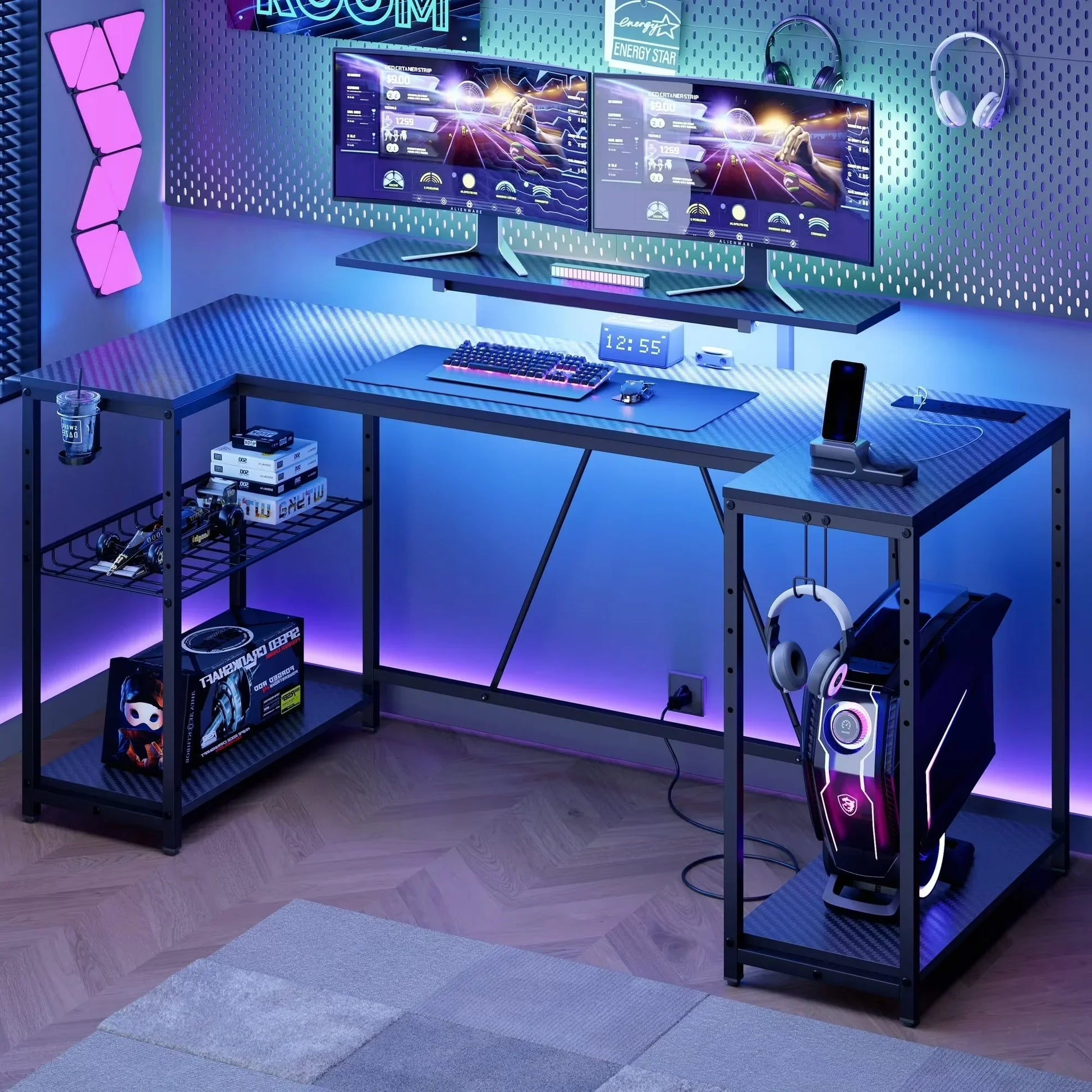 63" Gaming Desk with LED Lights, U-Shaped Computer Desk with Outlets & Monitor Stand, Home Office Desk with Storage Shelves in Pink
