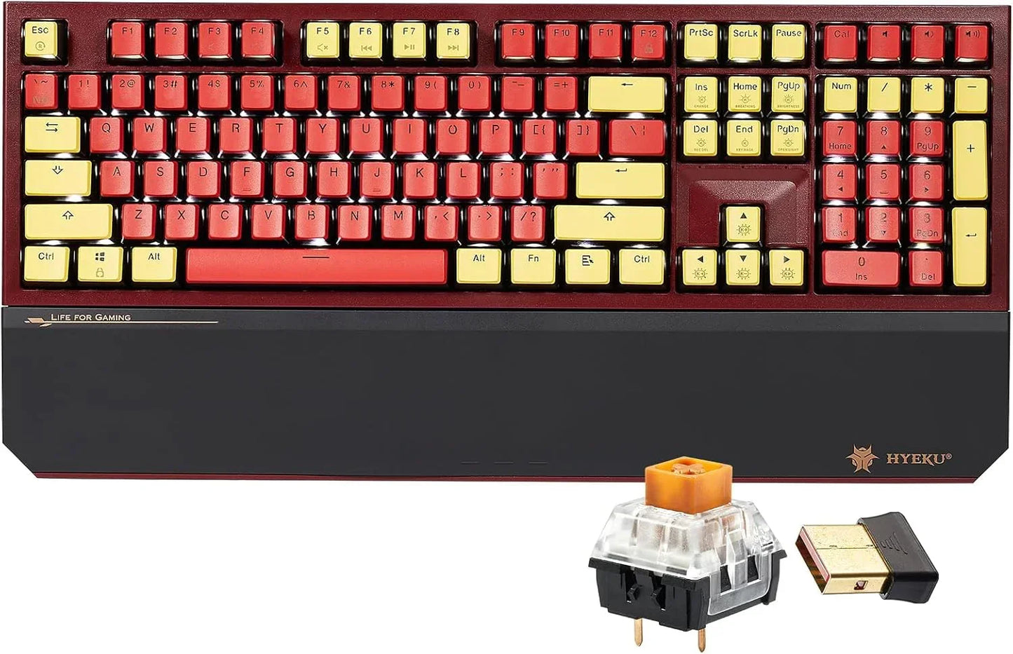 Retro 8-bit style red and yellow gaming keyboard with wrist rest, key switch, and USB dongle.
