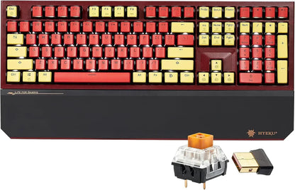 Retro 8-bit style red and yellow gaming keyboard with wrist rest, key switch, and USB dongle.