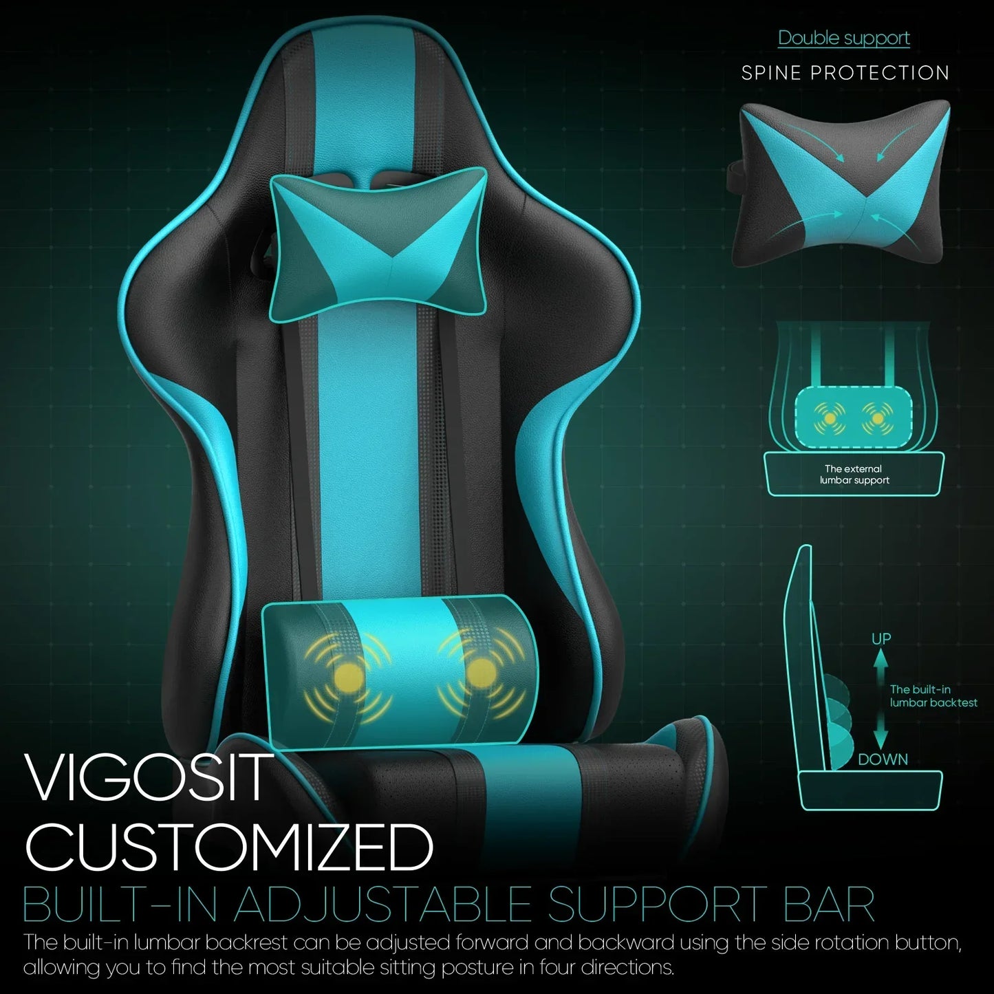 Black and blue Vigosit gaming chair with built-in adjustable lumbar support and spine protection features