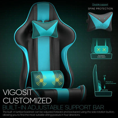 Black and blue Vigosit gaming chair with built-in adjustable lumbar support and spine protection features