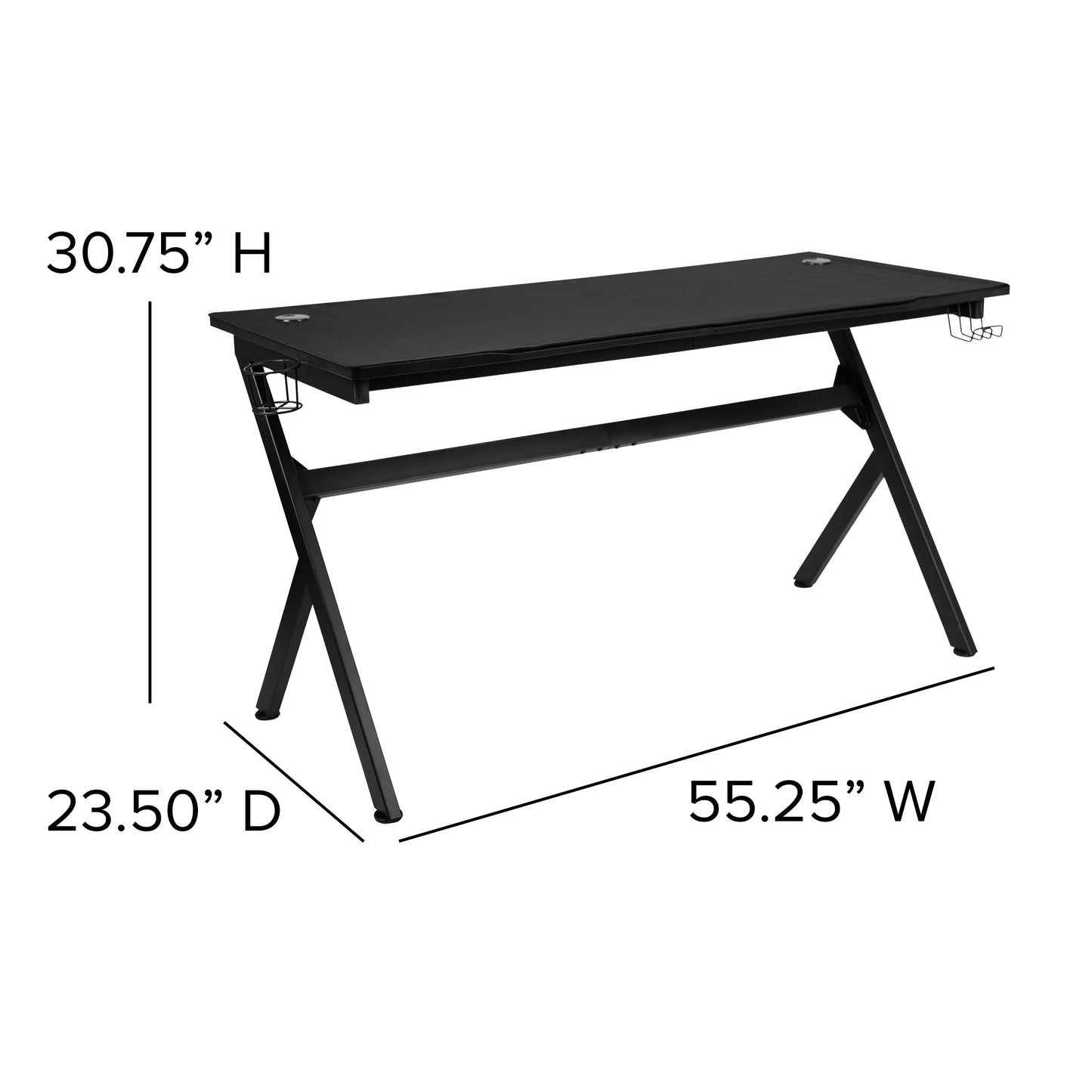 Black gaming desk with angled legs, cup holder and headphone hook, measuring 30.75" H x 55.25" W x 23.5" D