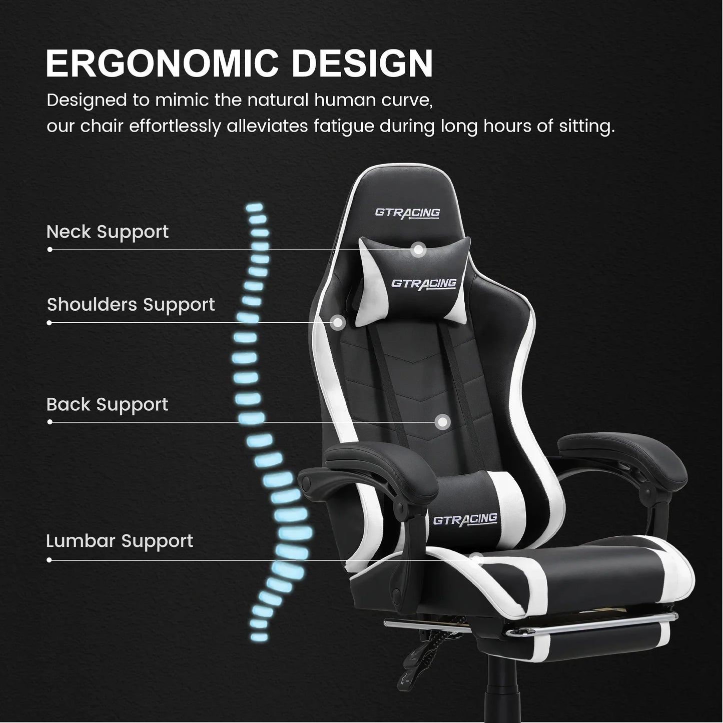 Black and white GTRacing ergonomic gaming chair with neck, shoulders, back, and lumbar support