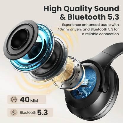 Noise Canceling Headphones, Wireless Bluetooth Headphones with Clear Mic, Comfort Fit, Deep Bass over Ear Headphones Foldable for Travel Home Office Sport
