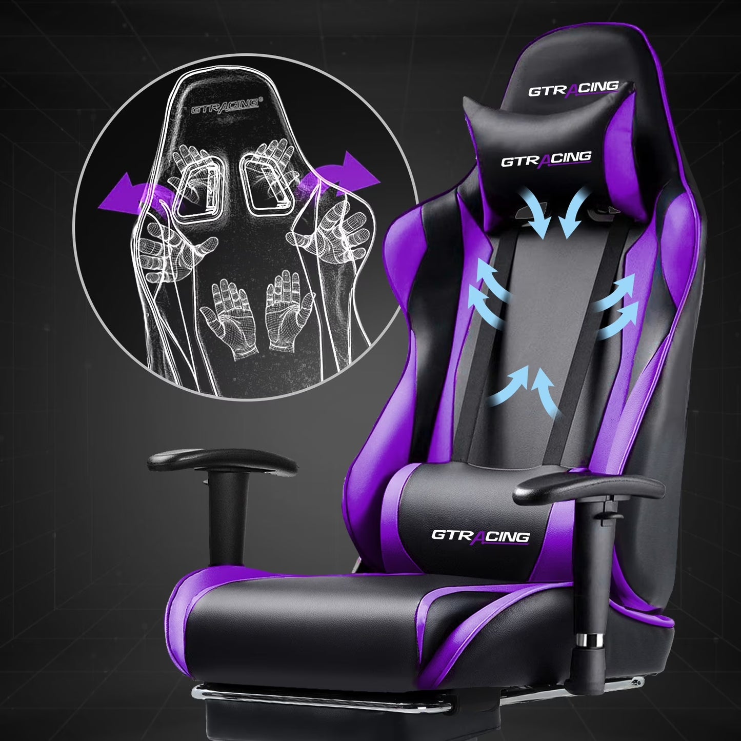 Purple and black GTRACING gaming chair with ergonomic support and breathable design for comfort during long sessions