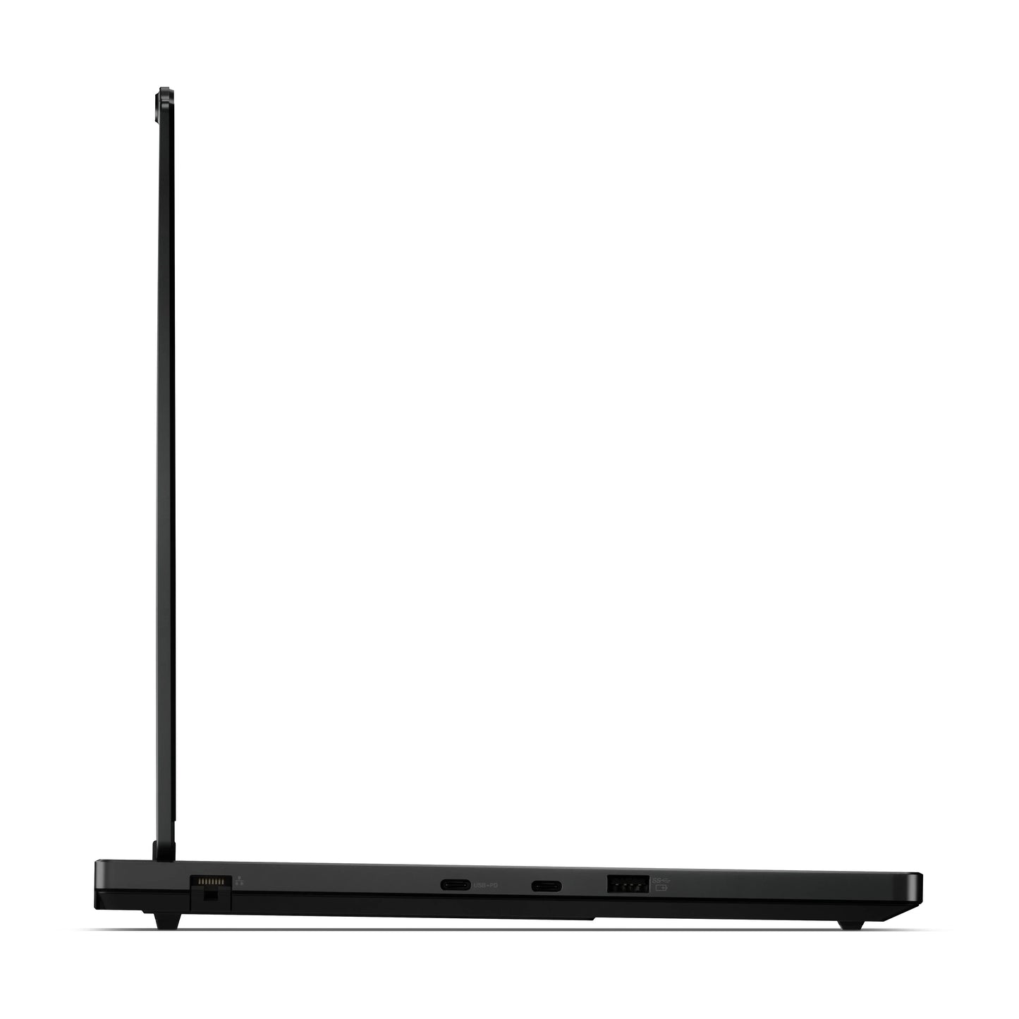 Side view of thin black gaming laptop with multiple USB ports, open on white background