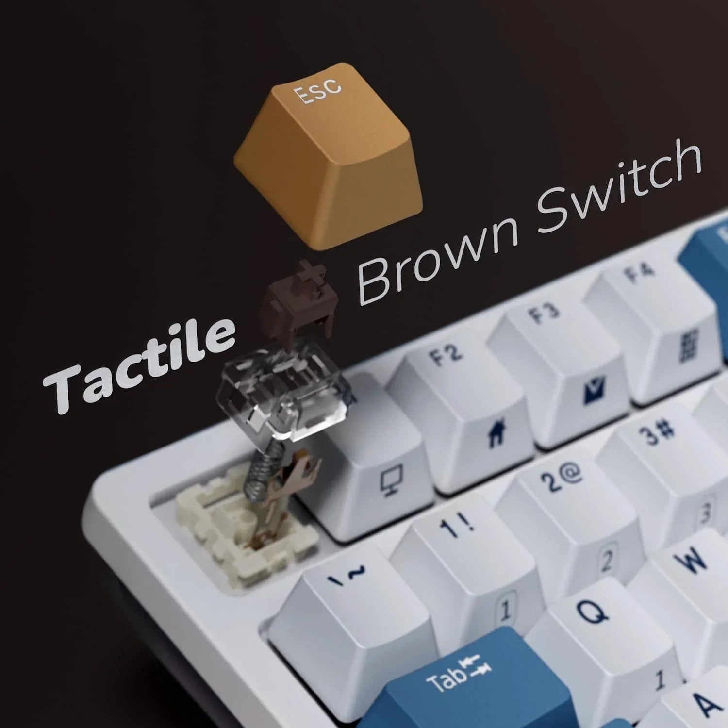 Exploded view of a tactile brown switch mechanical keyboard key with an amber ESC keycap removed