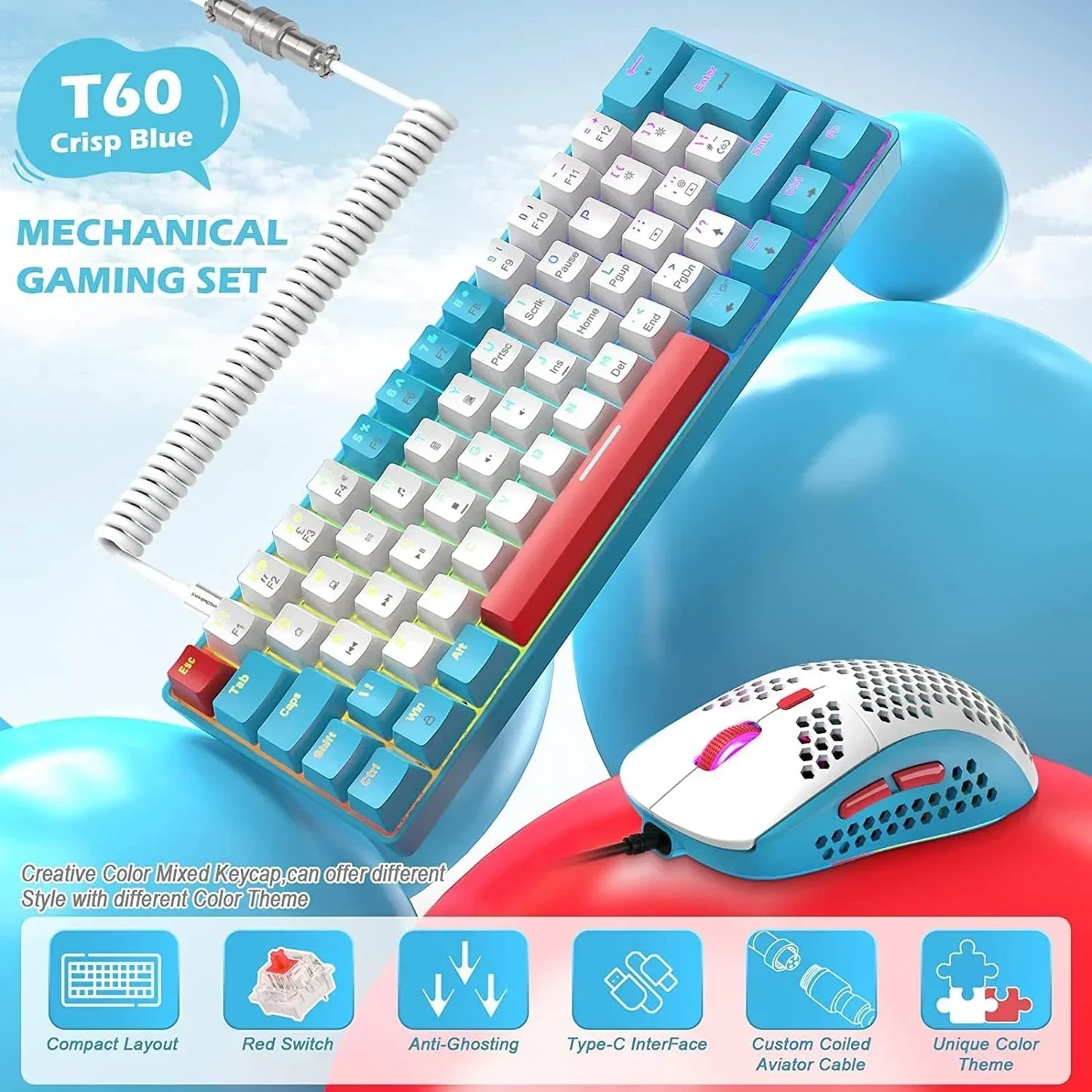 T60 Crisp Blue mechanical gaming keyboard with mixed color keycaps and custom coiled aviator cable, paired with white and blue gaming mouse