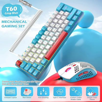 T60 Crisp Blue mechanical gaming keyboard with mixed color keycaps and custom coiled aviator cable, paired with white and blue gaming mouse