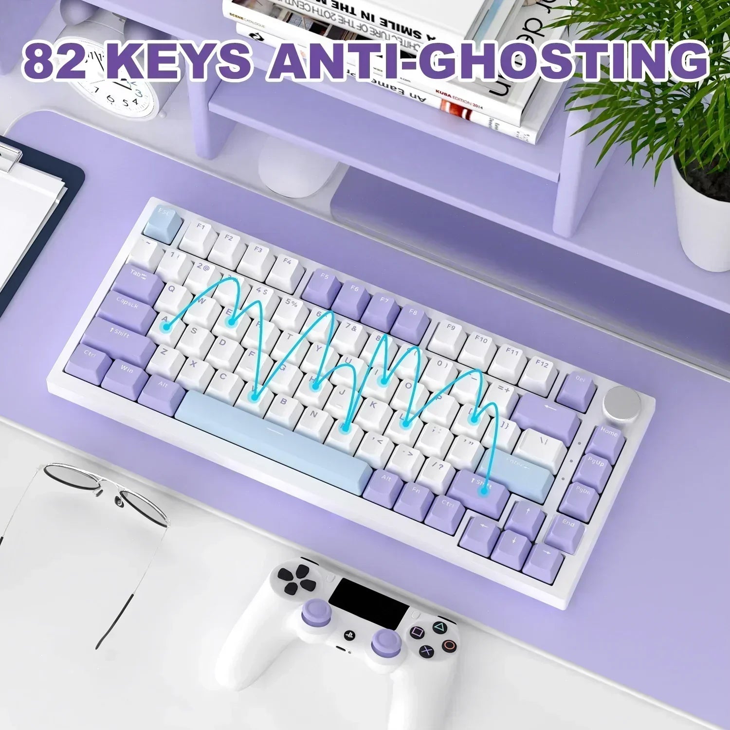 AK820 Mechanical Keyboard with CNC Knob Control,82Keys Gasket Mount Wired Gaming Keyboard,75% ANSI Layout,5 Sound Absorbing Foam,Hot-Swappable,White Backlit,For PC,MAC (White&Purple)