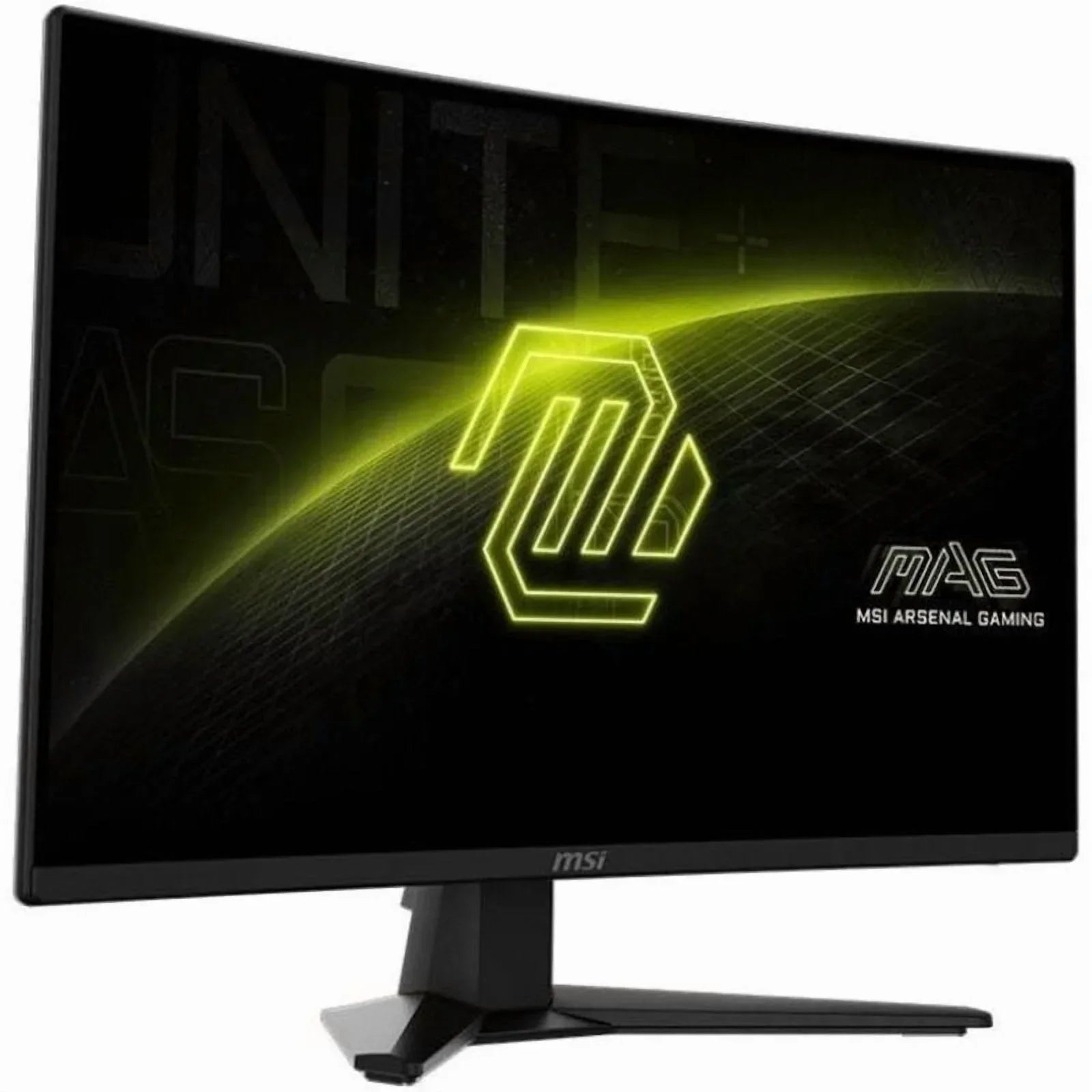 MSI MAG gaming monitor with sleek black design and neon yellow MSI Arsenal Gaming logo on screen