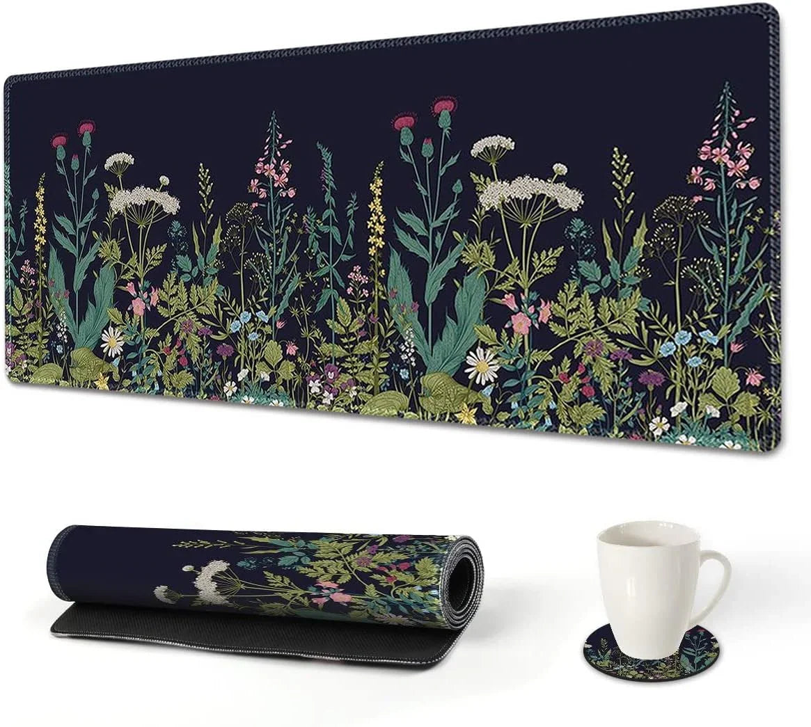 Large gaming mouse pad and coaster set with colorful wildflowers on dark background, detailed botanical design