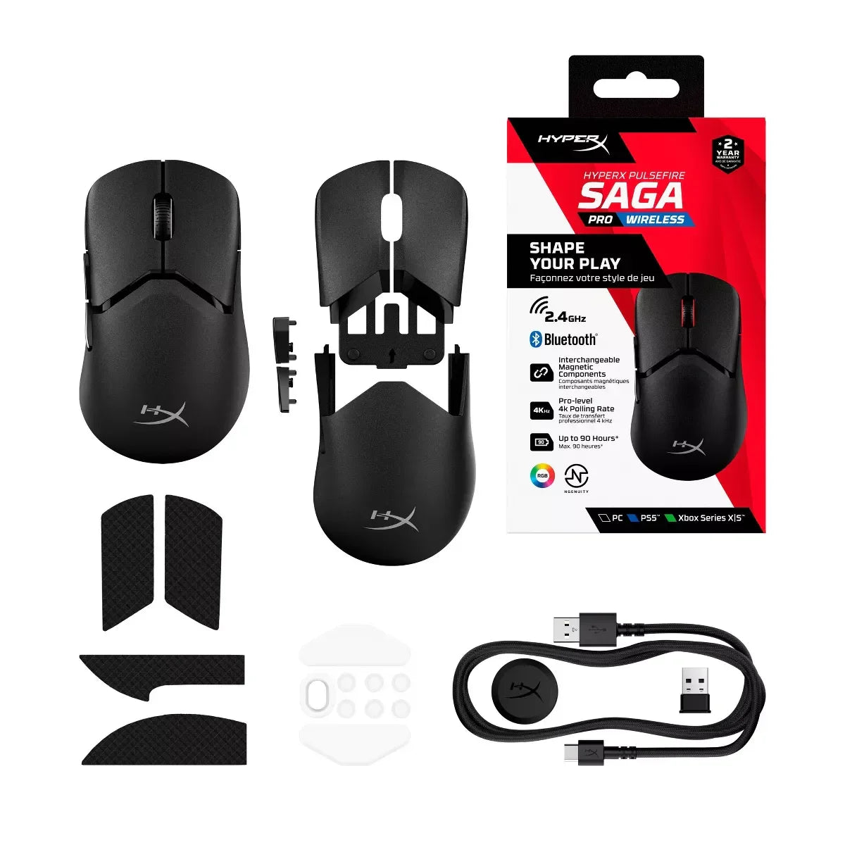 HyperX Pulsefire Saga Pro wireless gaming mouse with interchangeable parts, grips, USB-C cable, and packaging