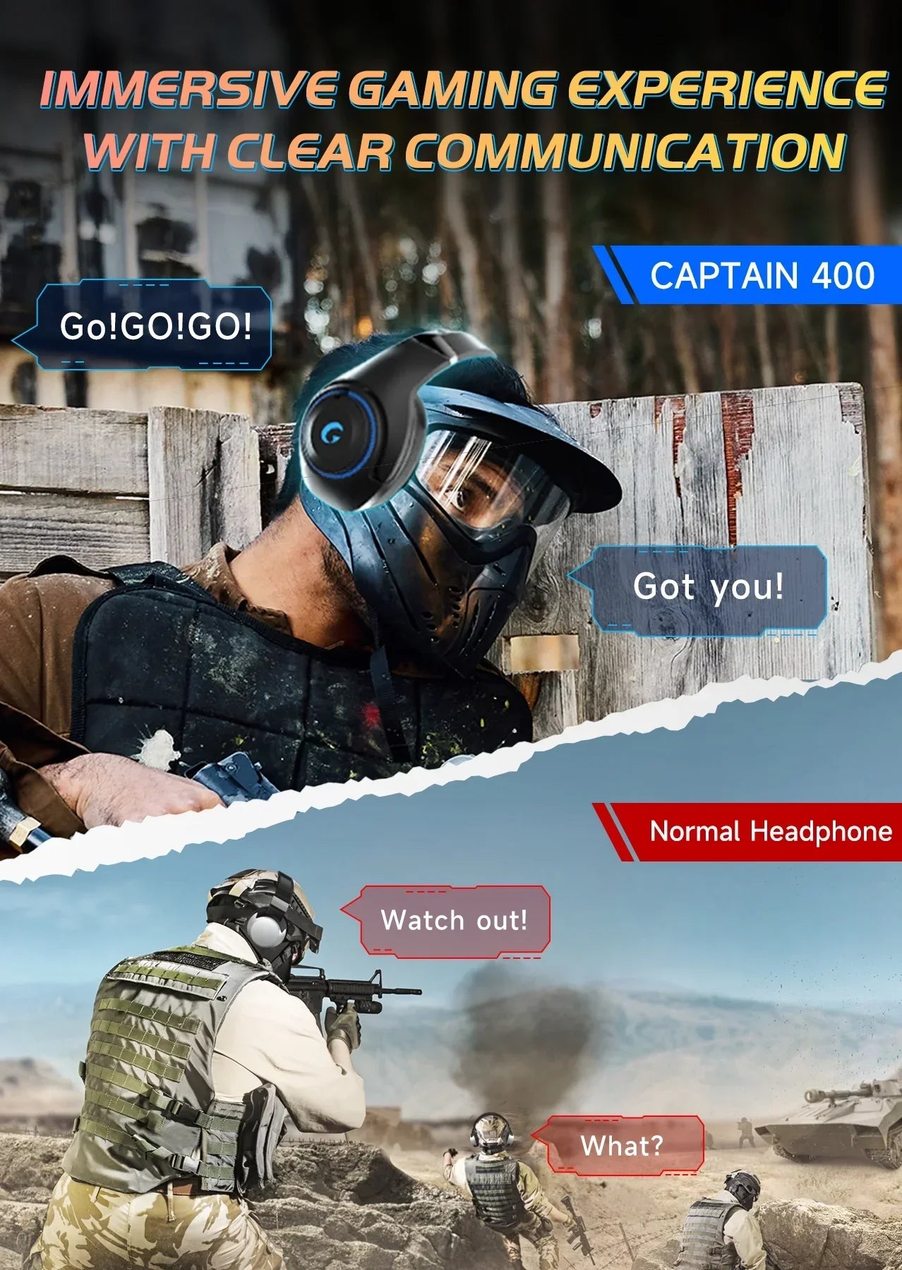 Paintball player with Captain 400 headset showing immersive gaming and clear communication vs normal headphones