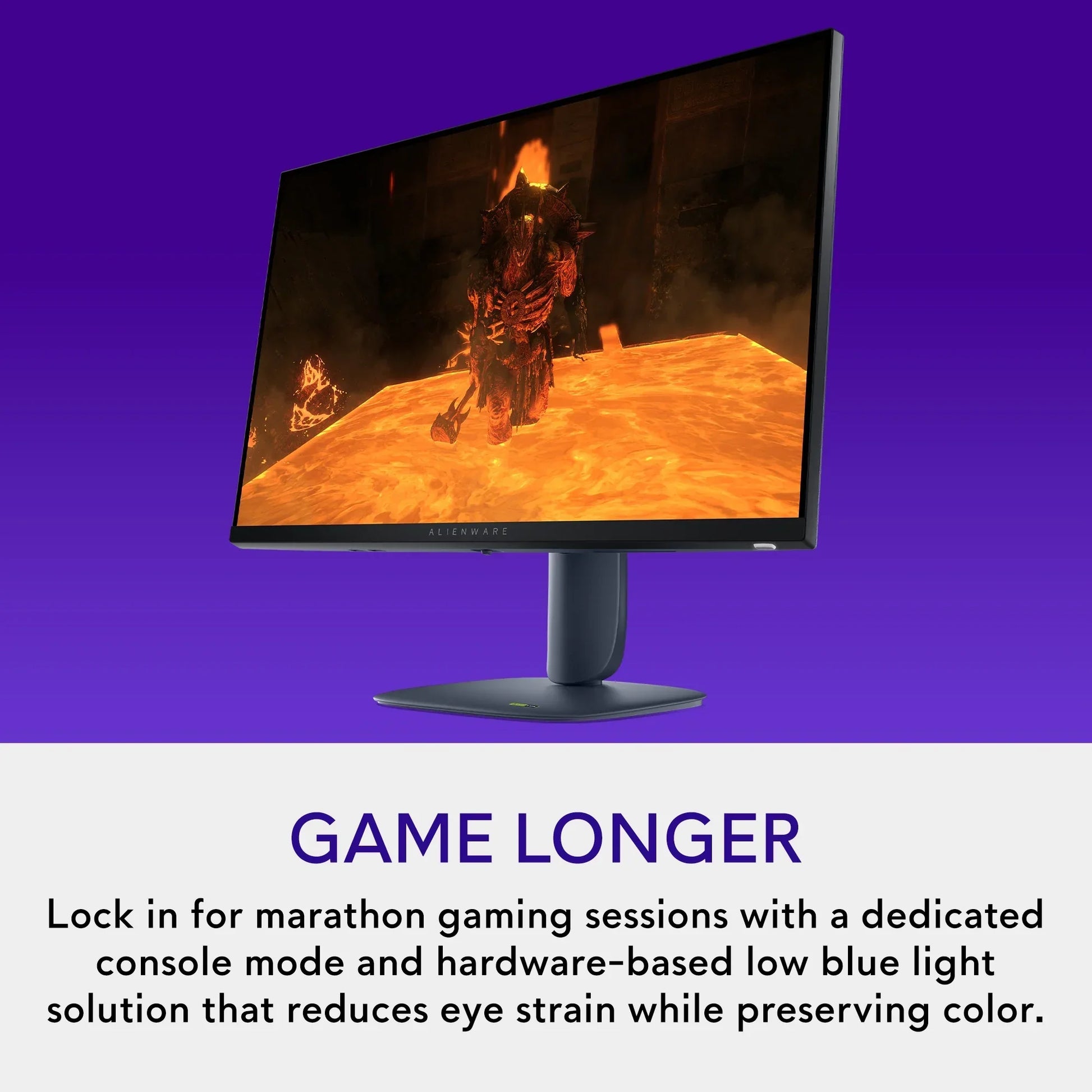 Alienware gaming monitor displaying fiery lava scene with armored demon character