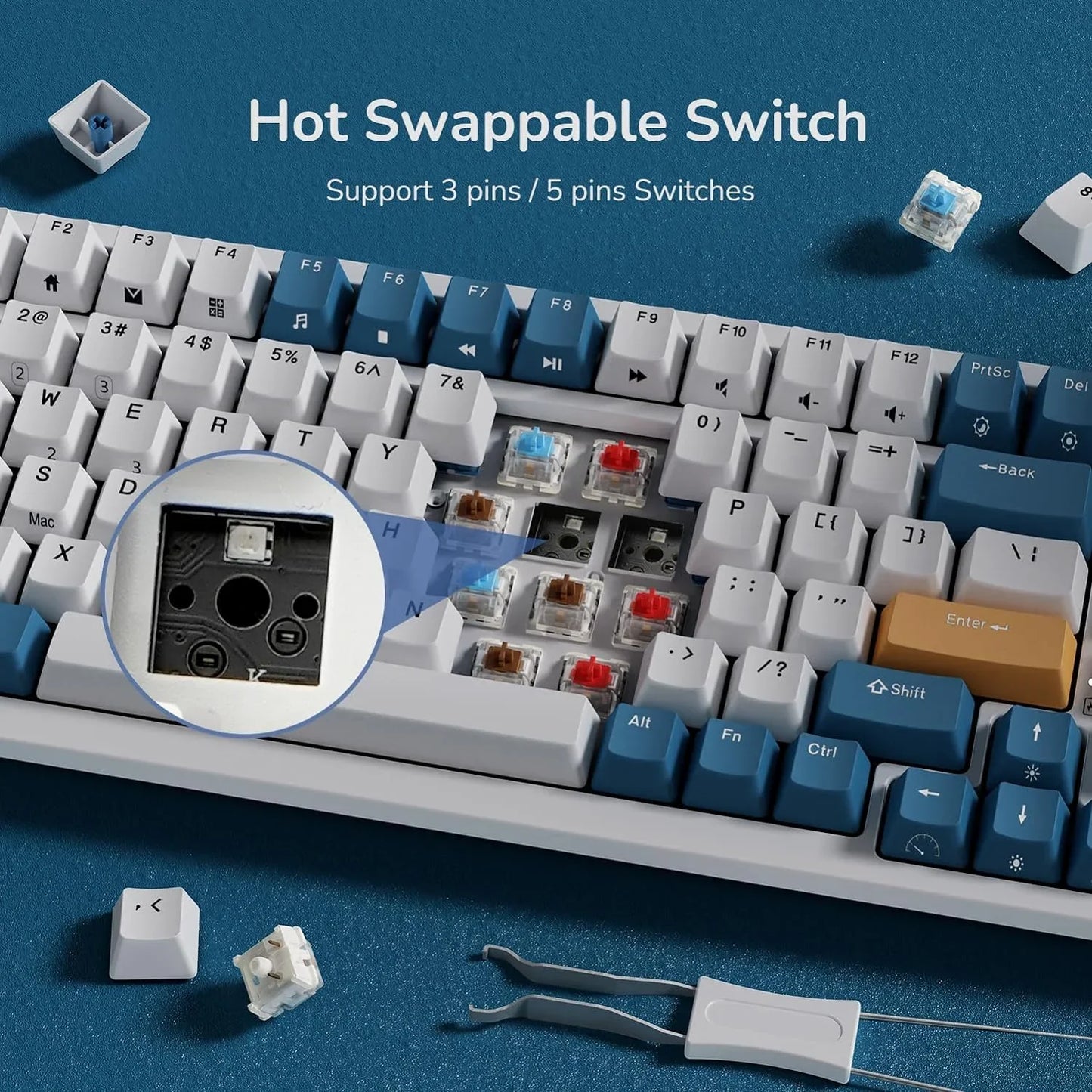 Byte Style mechanical keyboard with hot swappable red, blue, and brown switches and keycap puller on blue surface