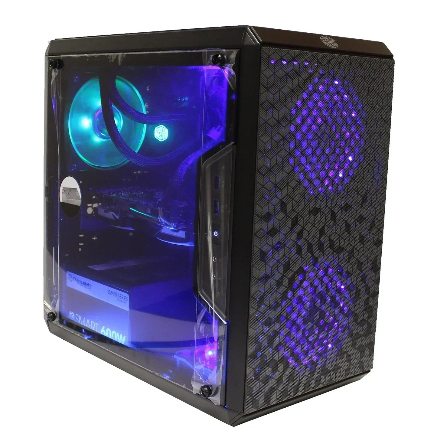 RGB gaming PC tower with see-through tempered glass side panel and LED-lit cooling fans