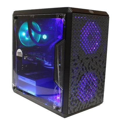 RGB gaming PC tower with see-through tempered glass side panel and LED-lit cooling fans