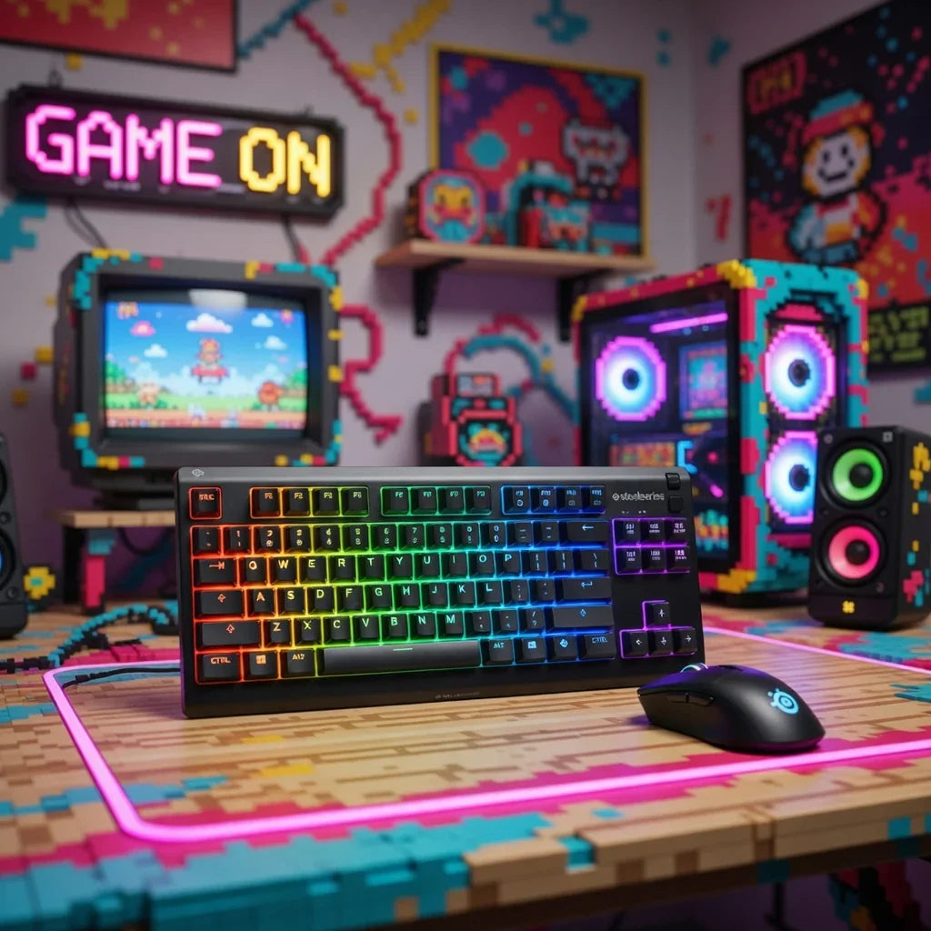 RGB gaming keyboard and mouse on a retro 8-bit themed desk with neon lights, PC and monitors