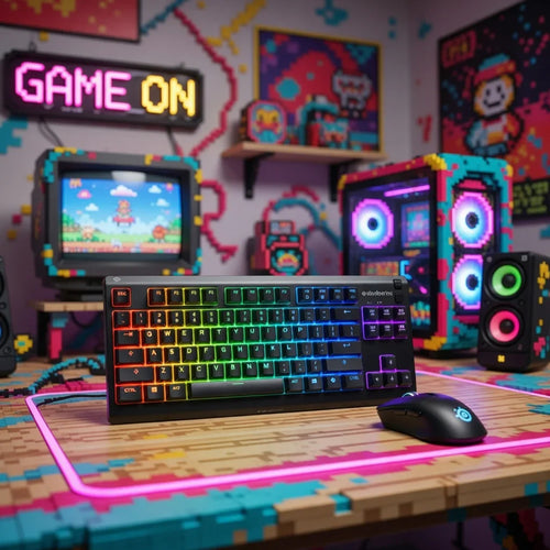 RGB gaming keyboard and mouse on a retro 8-bit themed desk with neon lights, PC and monitors