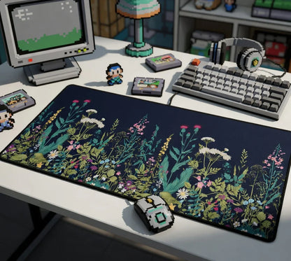 Retro gaming desk setup with pixel art keyboard, floral mouse pad, and pixel style accessories