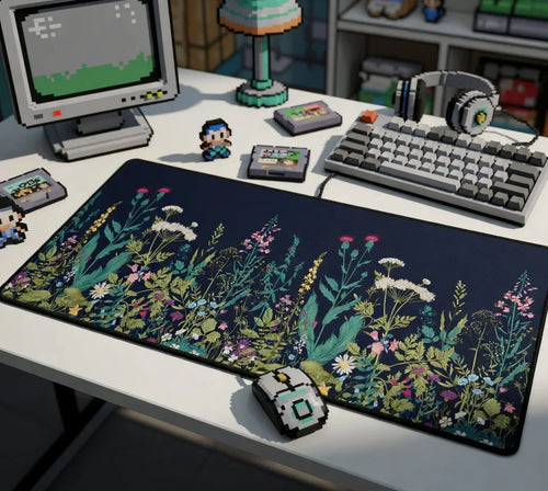 Retro gaming desk setup with pixel art keyboard, floral mouse pad, and pixel style accessories