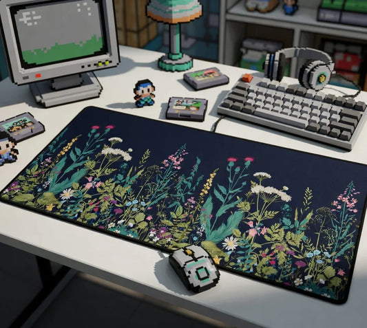 Retro gaming desk setup with pixel art keyboard, floral mouse pad, and pixel style accessories
