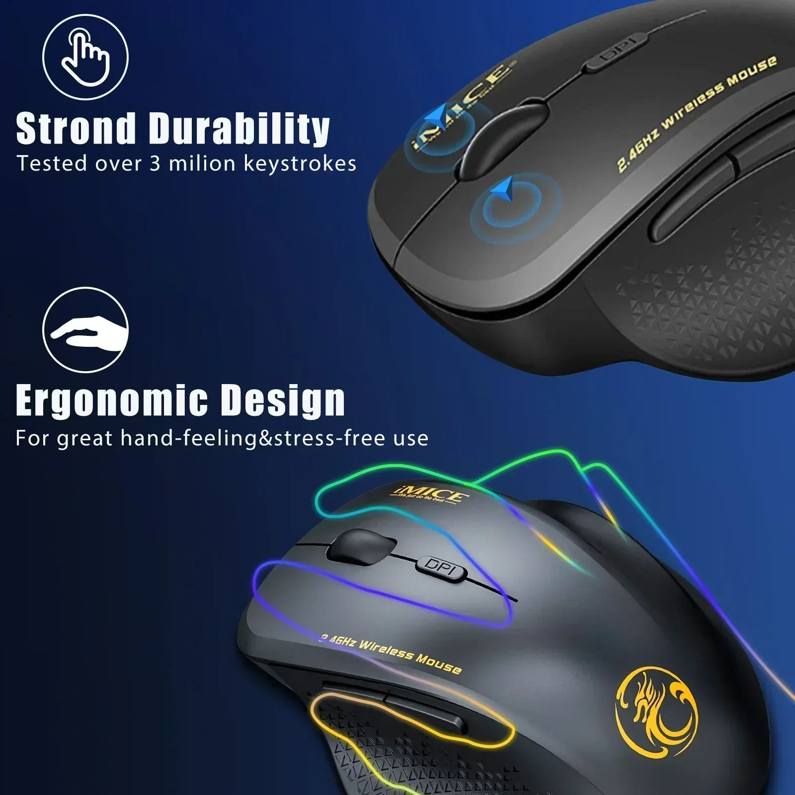 Wireless ergonomic gaming mouse with durable design and textured side grip on blue background.