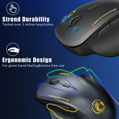 Wireless ergonomic gaming mouse with durable design and textured side grip on blue background.