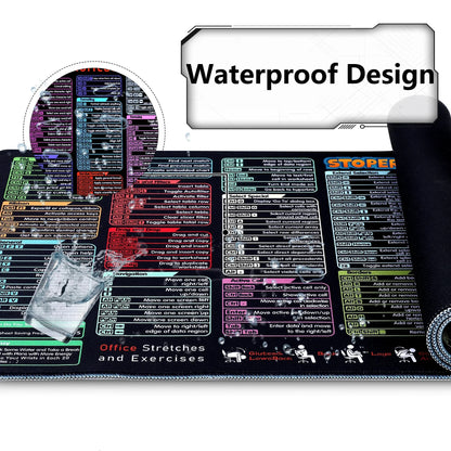 Waterproof gaming desk mat with colorful shortcut keys and office stretches printed, water splash detail