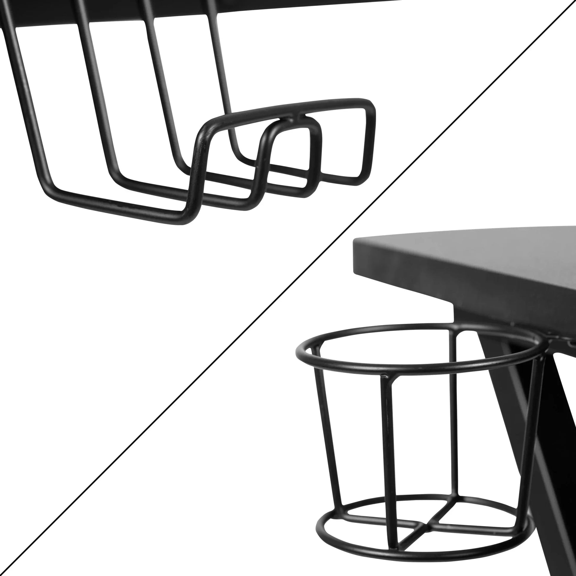 Black metal wire cup holder attached under a black tabletop, close-up of wire frame design