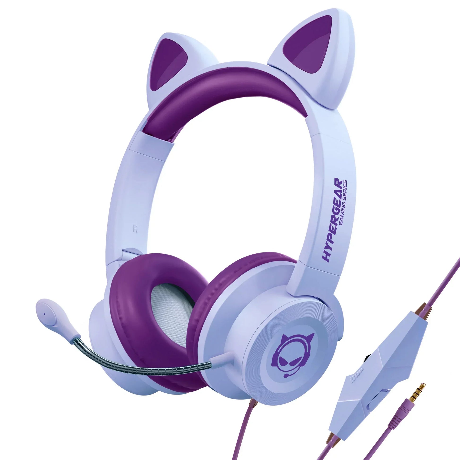 Purple and white Hypergear gaming headset with cat ears and a wired microphone