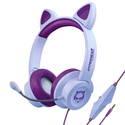 Purple and white Hypergear gaming headset with cat ears and a wired microphone