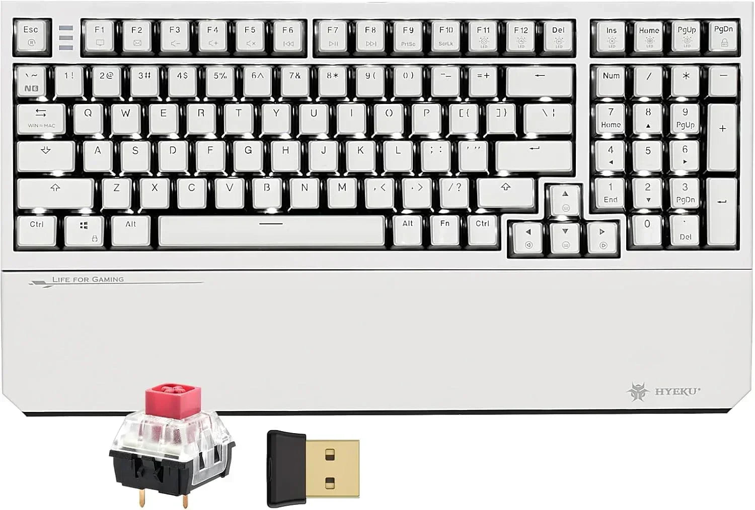 White HYEKU mechanical gaming keyboard with red switch and USB dongle, modern setup