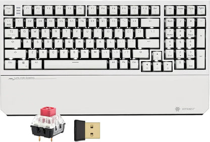 White HYEKU mechanical gaming keyboard with red switch and USB dongle, modern setup