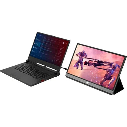 Black gaming laptop connected to portable ASUS ROG gaming monitor displaying a multiplayer game scene
