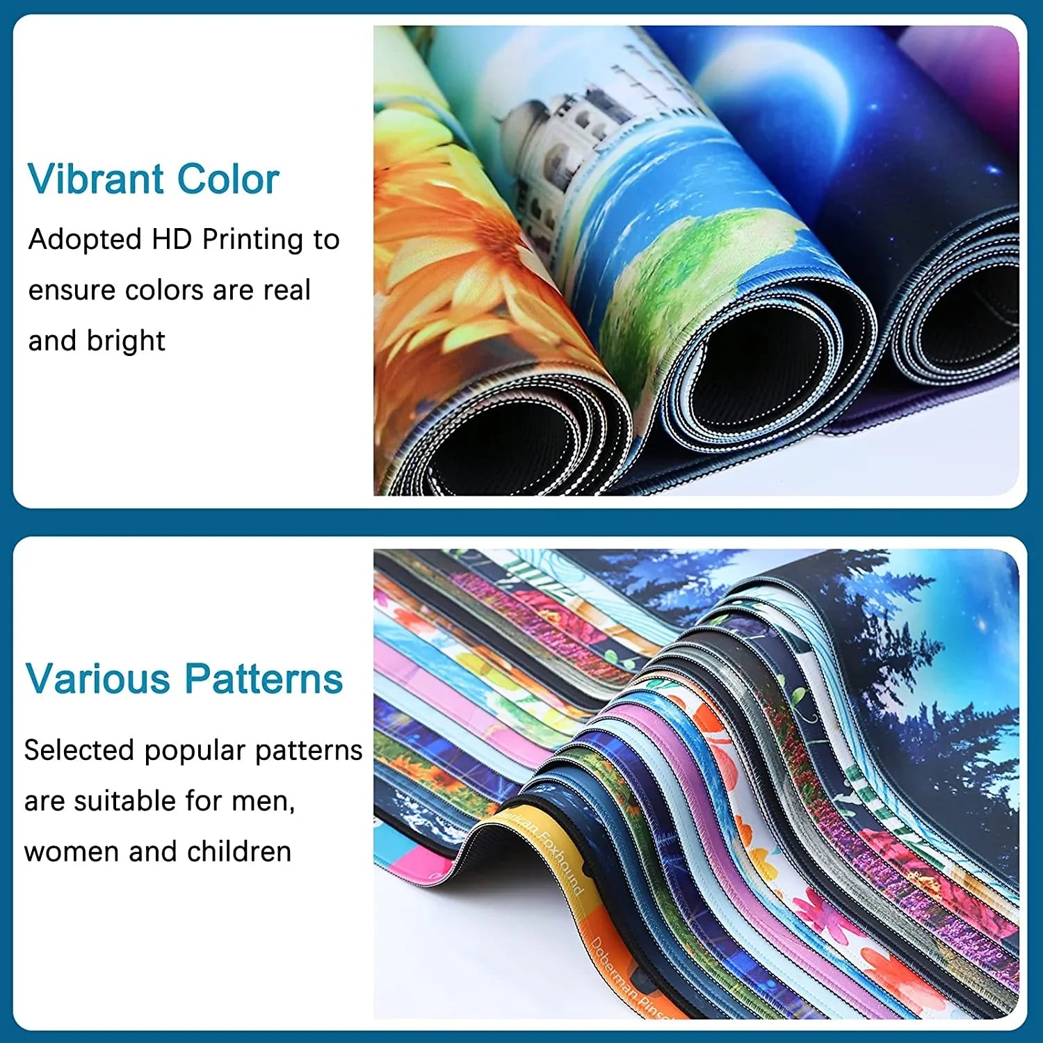Rolled vibrant printed mats with HD color and various colorful patterns for men, women, and children