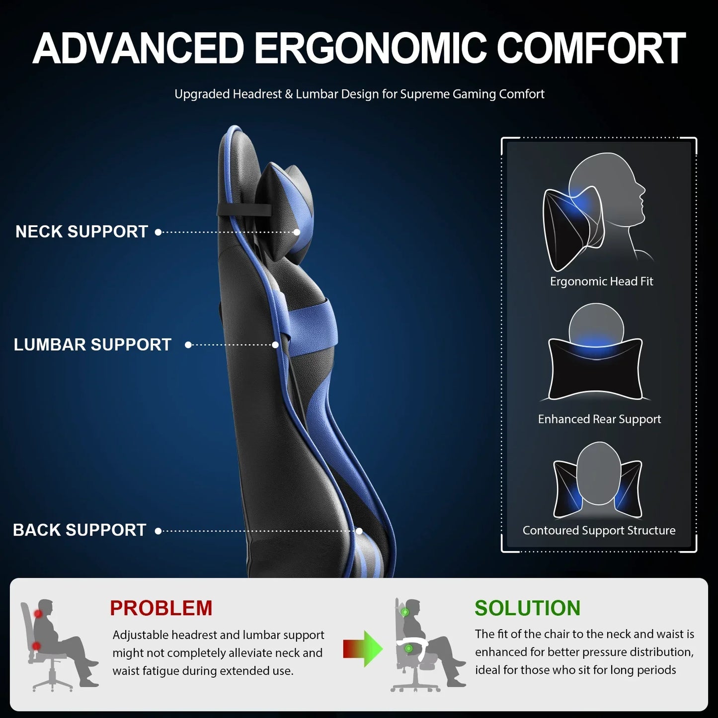Side view of ergonomic gaming chair with adjustable neck, lumbar, and back support for supreme comfort